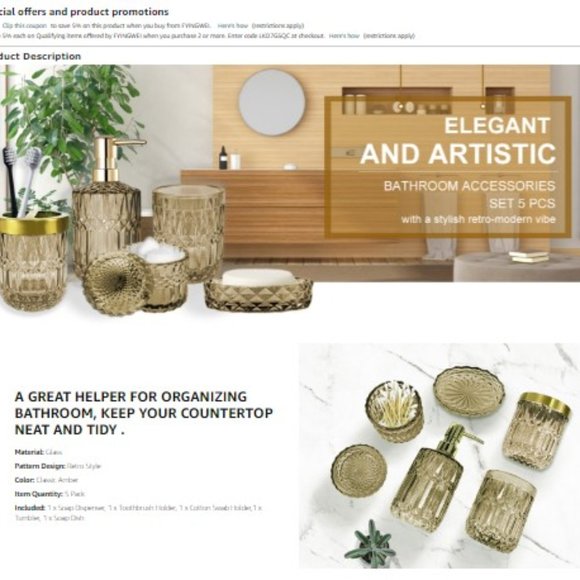 Set of 5 - Retro Amber Glass Bathroom Accessory Set - Classic Bathroom Decor - Picture 9 of 9